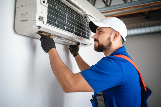 HVAC technician installing a mini split air conditioner in Newport Beach