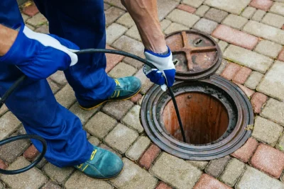 Plumber cleaning an outdoor sewer drain in Newport Beach