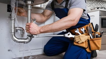 Plumber repairing pipes beneath a sink in Newport Beach